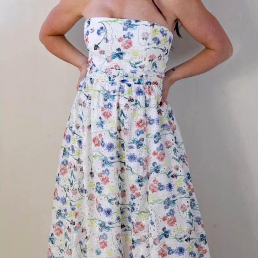 Strapless White Floral Eyelet Midi Dress